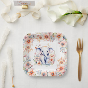 Cute Baby Elephant Girl's Baby Shower  Paper Plate