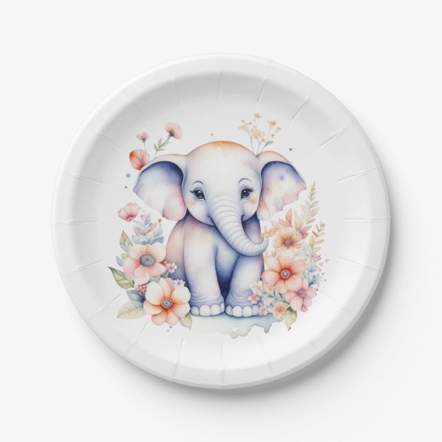 Cute Baby Elephant Girl's Baby Shower  Paper Plate (Front)