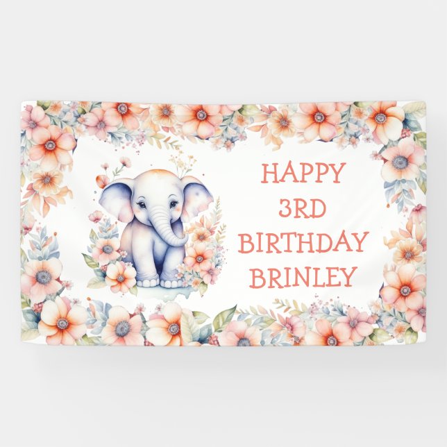 Cute Baby Elephant Girl's Birthday Banner (Horizontal)