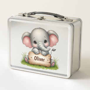 Cute Baby Elephant Holding a Name Sign Metal Lunch Box