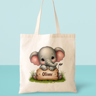 Cute Baby Elephant Holding a Name Sign Tote Bag