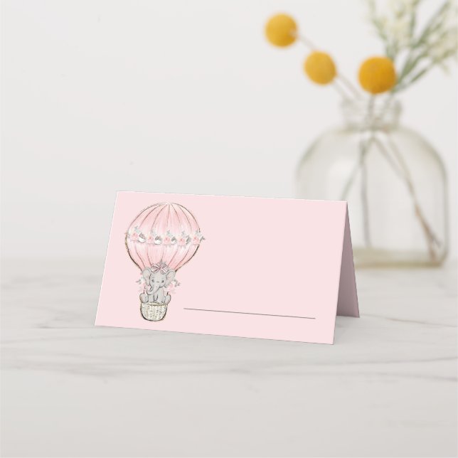 Cute Baby Elephant Hot Air Balloon Pink Girl's Place Card (Front)