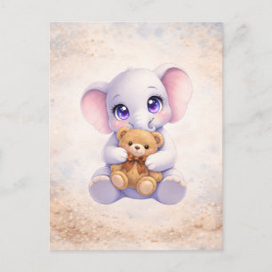 Cute Baby Elephant Hugging Teddy Bear Postcard