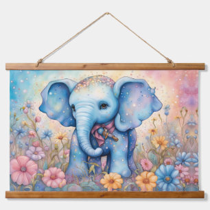 Cute Baby Elephant In a Pastel Daisy Garden Hanging Tapestry