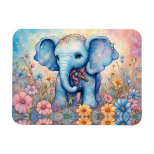 Cute Baby Elephant In a Pastel Daisy Garden Magnet