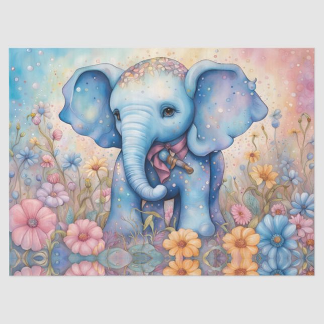 Cute Baby Elephant In a Pastel Daisy Garden Tissue Paper (Front)
