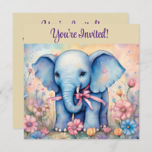 Cute Baby Elephant In a Pastel Garden Invitation