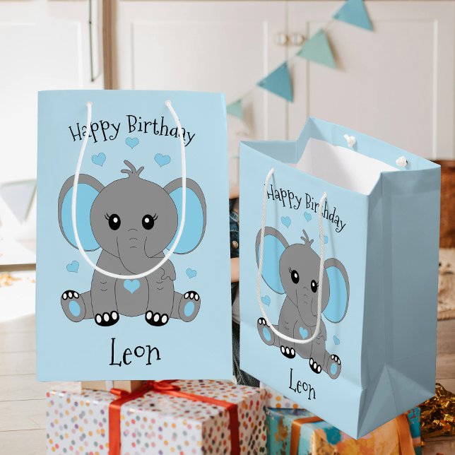 Cute baby elephant in blue, boys birthday  medium gift bag (Creator Uploaded)
