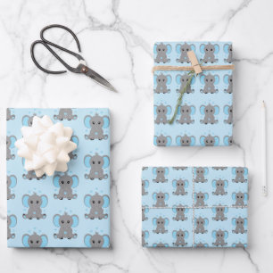 Cute baby elephant in blue, boys  wrapping paper sheet