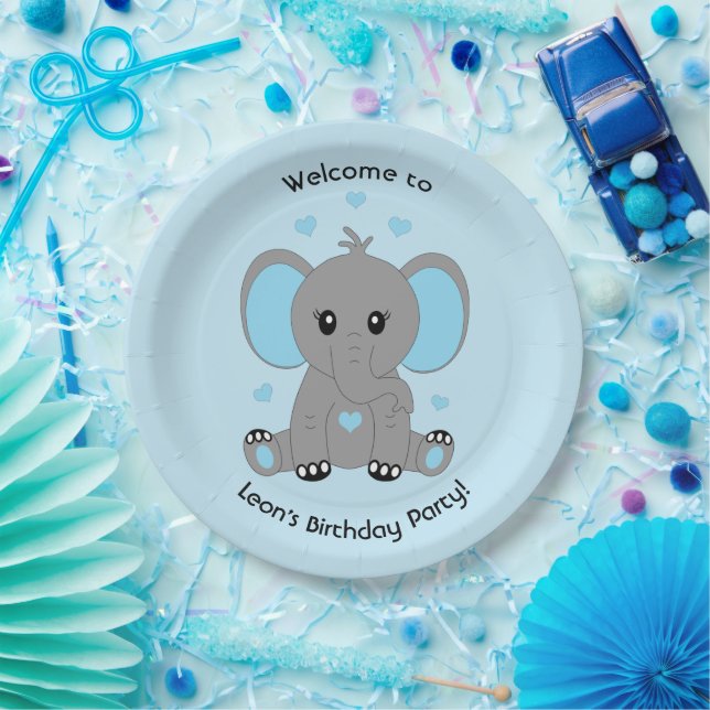 Cute baby elephant in blue, custom  paper plate (Party)