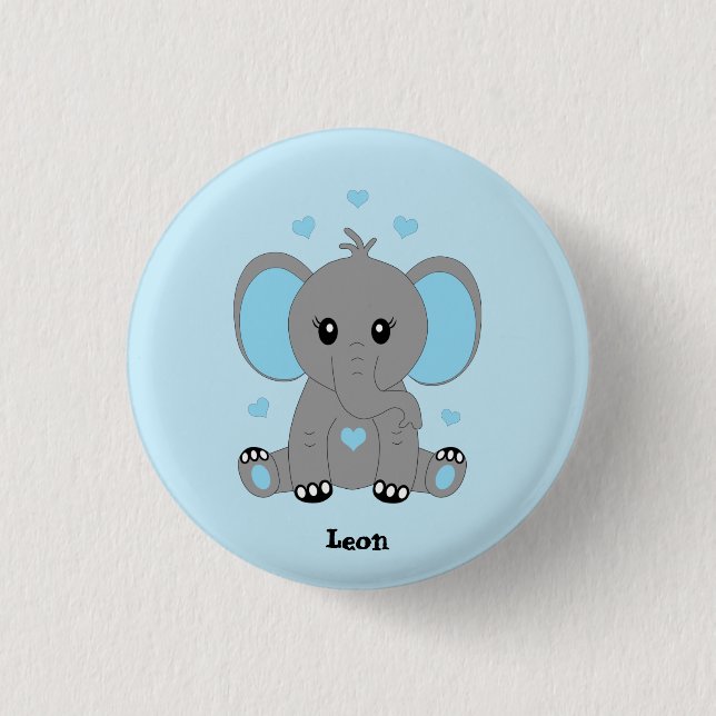 Cute baby elephant in blue for boys  3 cm round badge (Front)