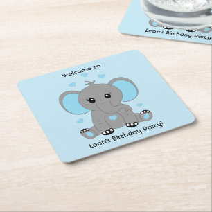 Cute baby elephant in blue for boys birthday  square paper coaster