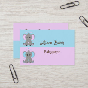 Cute baby elephant in pink and blue - babysitter   business card