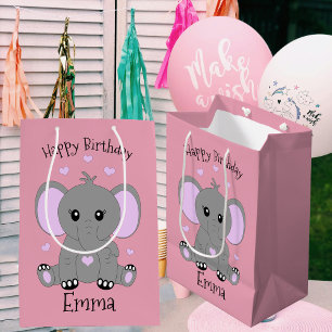 Cute baby elephant in pink for girls, birthday  medium gift bag