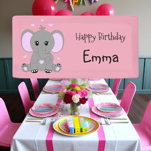 Cute baby elephant in pink for girls, hand drawn,  banner