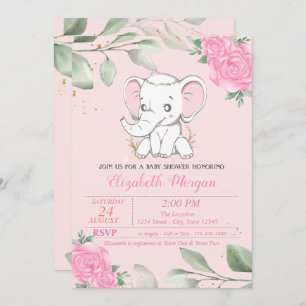 Cute Baby Elephant, Leaves, Floral Baby Shower Invitation