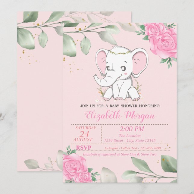 Cute Baby Elephant, Leaves, Floral Baby Shower Invitation (Front/Back)