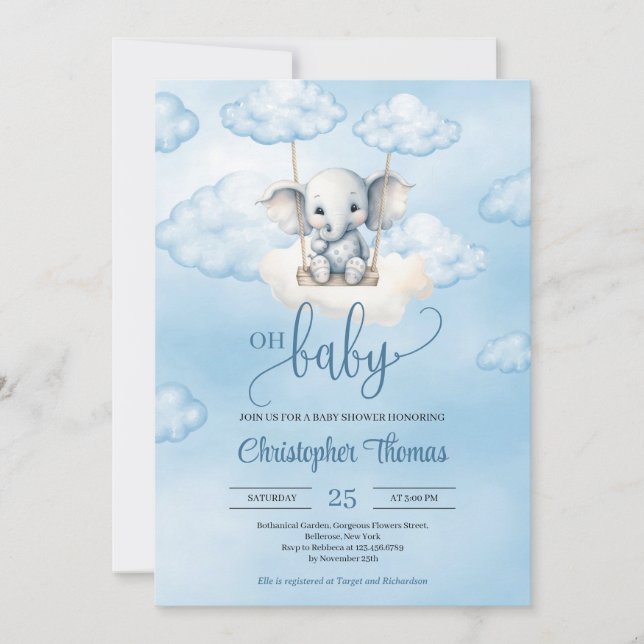 Cute Baby elephant on swing in the sky boy Invitation (Front)