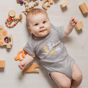 Cute Baby Elephant On The Crescent Moon Watercolor Baby Bodysuit