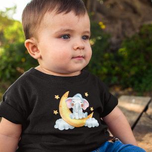 Cute Baby Elephant On The Crescent Moon Watercolor T-Shirt