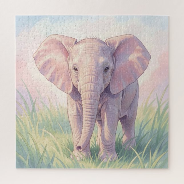 Cute Baby Elephant Pastel Meadow Jigsaw Puzzle (Vertical)