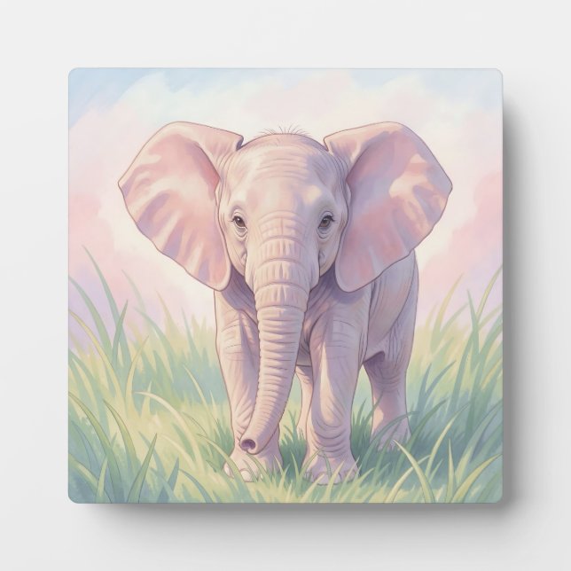 Cute Baby Elephant Pastel Meadow Plaque (Front)
