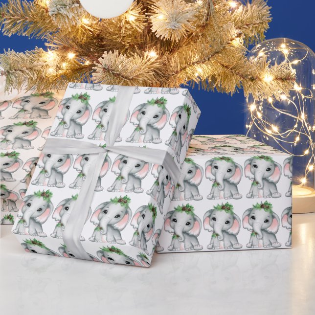Cute Baby Elephant Pine Bough Christmas Pattern Wrapping Paper (Holidays)