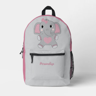 Cute Baby Elephant Pink Ears & Heart Personalised Printed Backpack