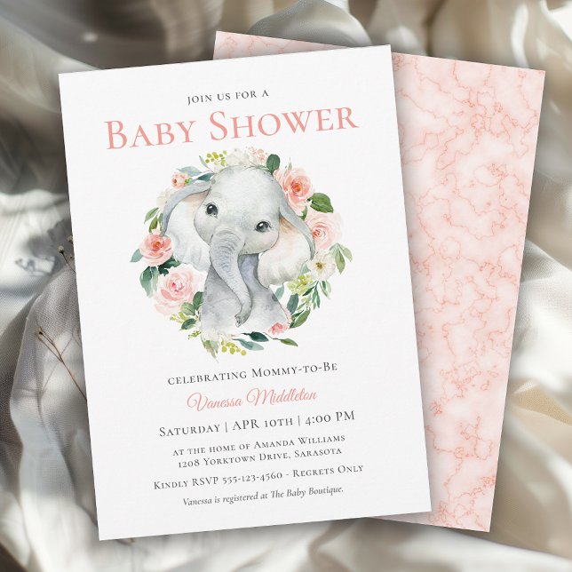 Cute Baby Elephant Pink Floral Baby Shower Invitation (Available in both printed and instant download digital formats.)