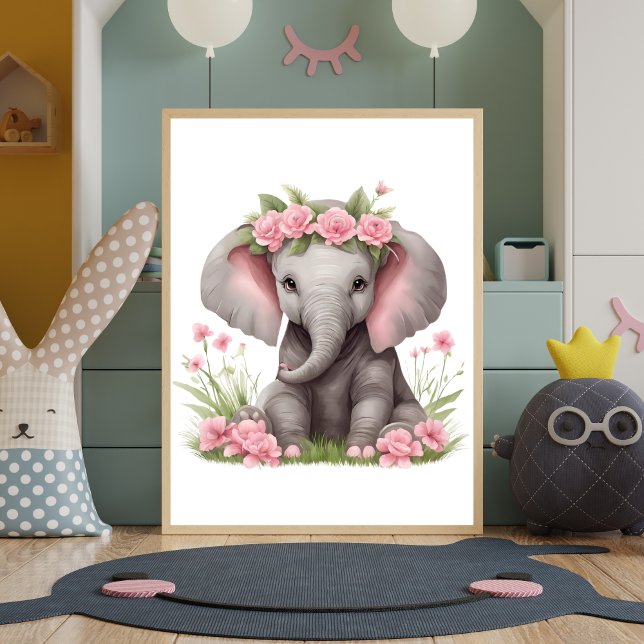 Cute Baby Elephant Pink Flowers Nursery Poster (Cute Adorable Baby Elephant with Pink Flowers on head Nursery Wall Art Wall Decor Poster Print)