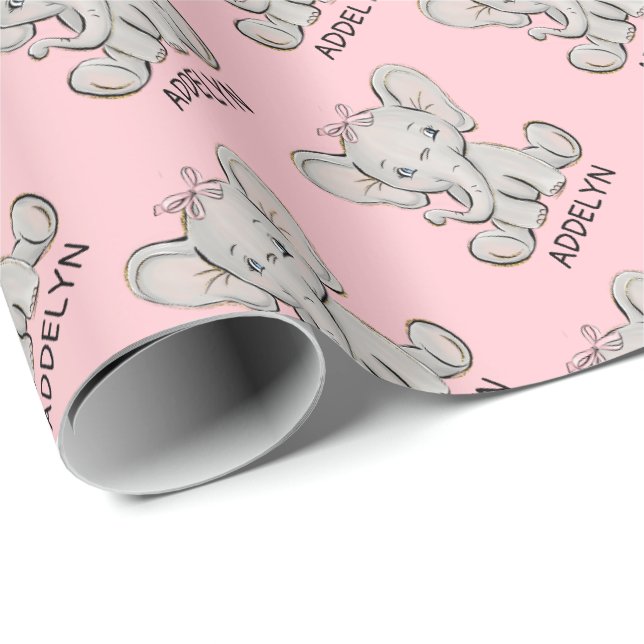 Cute Baby Elephant Pink Little Girl's Name  Wrappi Wrapping Paper (Roll Corner)