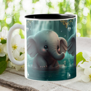 Cute Baby Elephant playing in water Nursery Art Two-Tone Coffee Mug