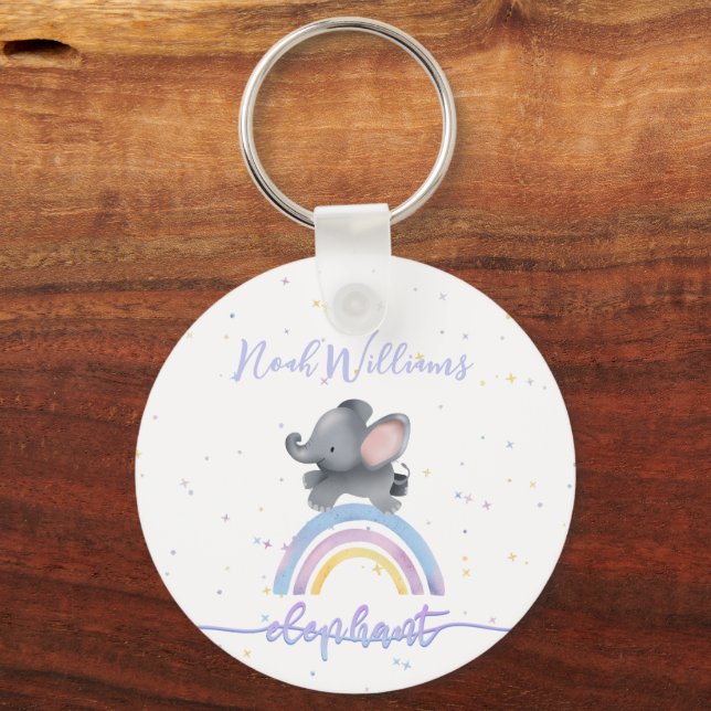 Cute Baby Elephant Playing On A Colourful Rainbow Key Ring (Back)