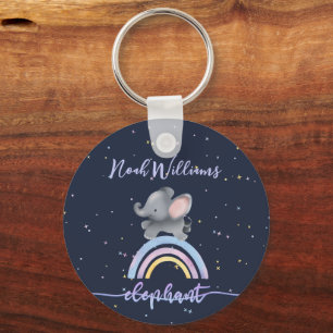 Cute Baby Elephant Playing On A Colourful Rainbow Key Ring