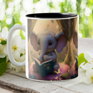 Cute Baby Elephant reading a book Personalised Two-Tone Coffee Mug