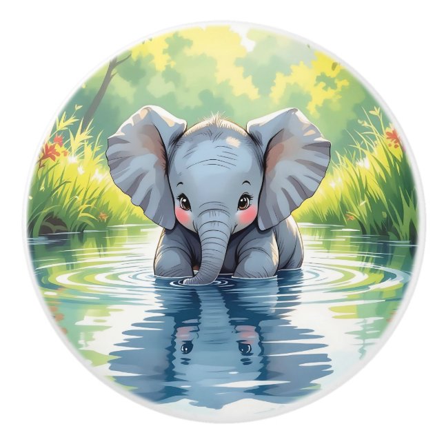 Cute Baby Elephant Reflection  Ceramic Knob (Front)