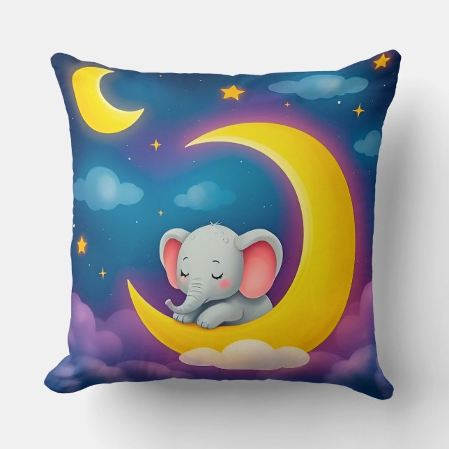 Cute Baby Elephant Sleeping on a Moon Cushion (Front)
