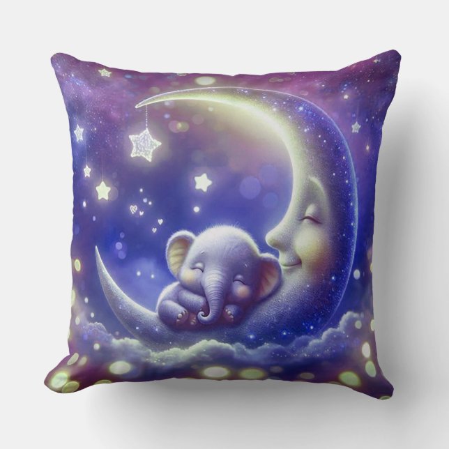 Cute Baby Elephant Sleeping on a Moon Cushion (Front)