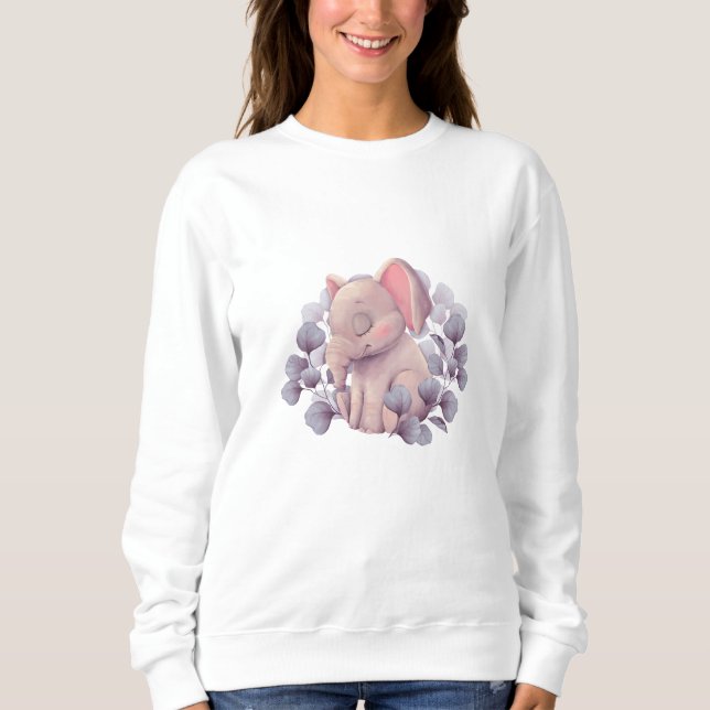 Cute Baby Elephant Sleeping with Leaves Sweatshirt (Front)