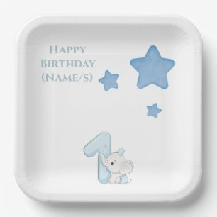 Cute Baby Elephant & Stars 1st Birthday Design Paper Plate