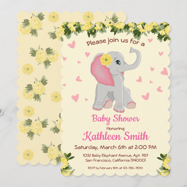 Cute Baby Elephant Watercolor Floral Baby Shower Invitation (Front/Back)