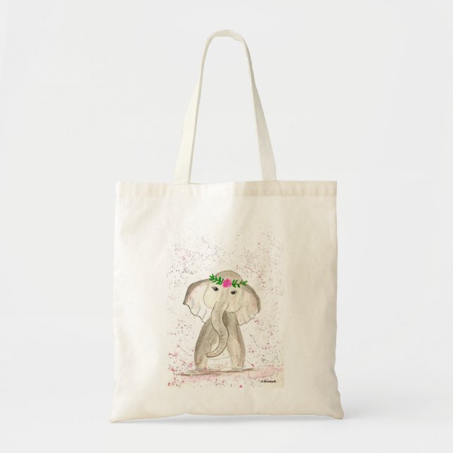 Cute baby elephant watercolor tote bag (Front)
