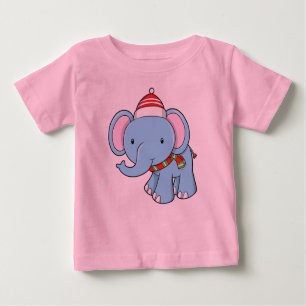 Cute Baby Elephant Wearing Santa Hat & Scarf Baby T-Shirt