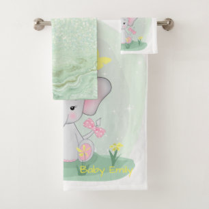  Cute baby elephant with a pink bow in a clearing  Bath Towel Set
