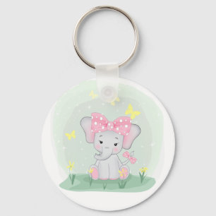  Cute baby elephant with a pink bow in a clearing  Key Ring