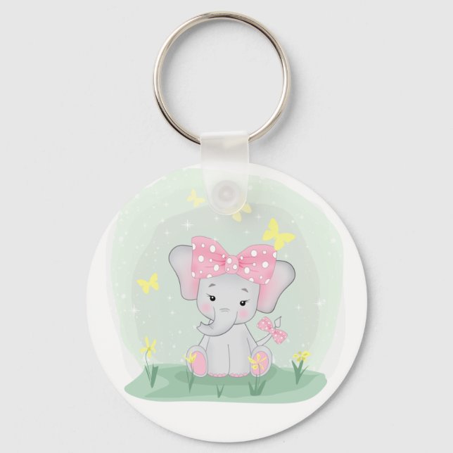  Cute baby elephant with a pink bow in a clearing  Key Ring (Front)