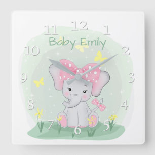  Cute baby elephant with a pink bow in a clearing  Square Wall Clock