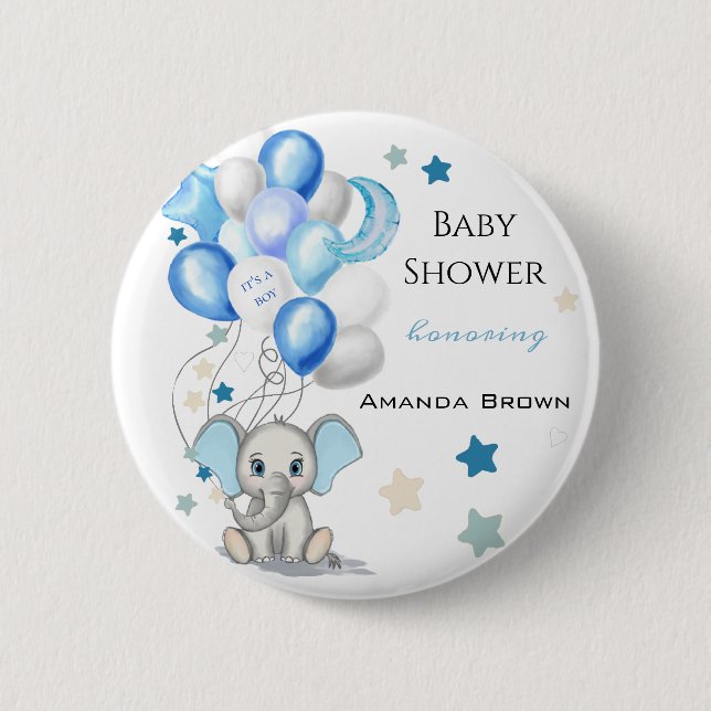Cute Baby Elephant with Balloons Boy Baby Shower 6 Cm Round Badge (Front)