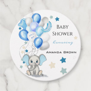 Cute Baby Elephant with Balloons Boy Baby Shower Favour Tags