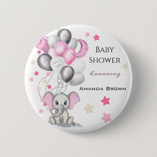 Cute Baby Elephant with Balloons Girl Baby Shower 6 Cm Round Badge (Front)